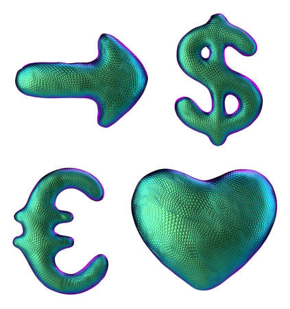 Symbol collection arrow, dollar, euro, heart made of 3d render green color. Collection of natural snake skin texture style symbol isolated on white backgroundの写真素材