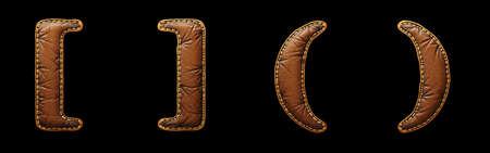 Set of symbols left, right bracket and left, right perentheses made of leather. 3D render font with skin texture isolated on black background. 3d renderingの写真素材