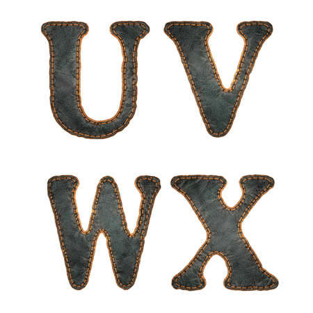 Set of leather letters U, V, W, X uppercase. 3D render font with skin texture isolated on white background. 3d renderingの写真素材