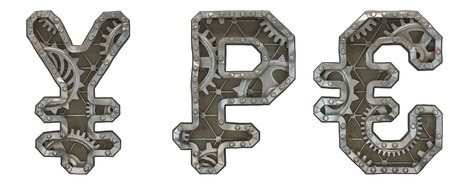 Mechanical alphabet made from rivet metal with gears on white background. Set of symbols yen, rouble and euro. 3D renderingの写真素材