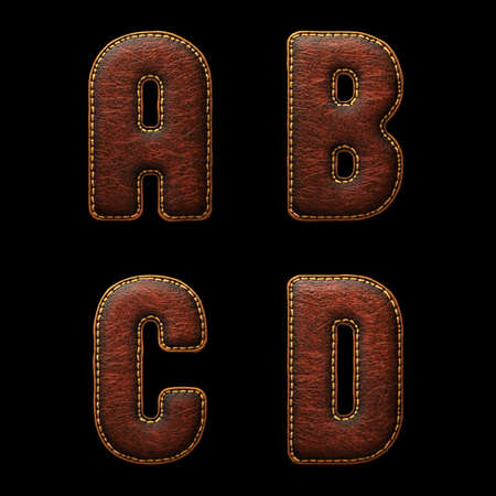 Set of leather letters A, B, C, D uppercase. 3D render font with skin texture isolated on black background. 3d renderingの写真素材