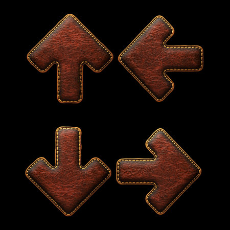 Set of symbols up, to down arrow and left, right arrow made of leather. 3D render font with skin...