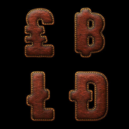 Set of symbols lira, baht, litecoin, dashcoin made of leather. 3D render font with skin texture isolated on black background. 3d renderingの写真素材