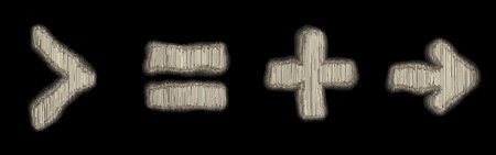 Set of symbols right angle bracket, equals, plus, arrow made of industrial metal. Isolated on black...