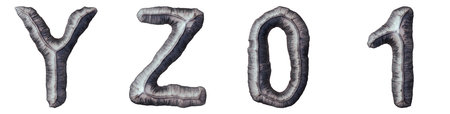 Set of capital letters Y, Z and number 0, 1 made of forged metal isolated on white background. 3d...