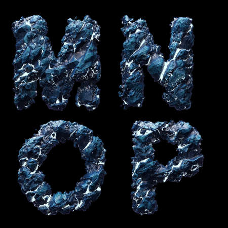 Set of capital letters M, N, O, P made of ice isolated on black background. 3d renderingの写真素材