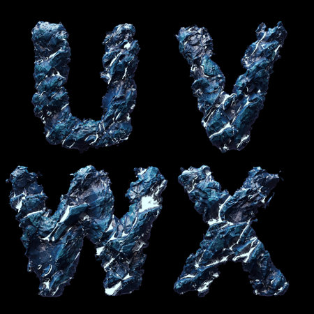 Set of capital letters U, V, W, X made of ice isolated on black background. 3d rendering