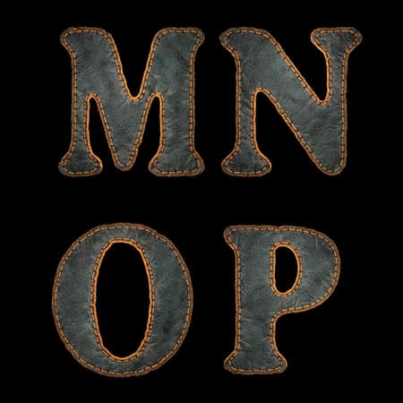 Set of leather letters M, N, O, P uppercase. 3D render font with skin texture isolated on black background. 3d renderingの写真素材