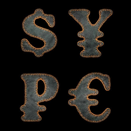 Set of symbols dollar, yen, rouble and euro made of leather. 3D render font with skin texture isolated on black background. 3d renderingの写真素材