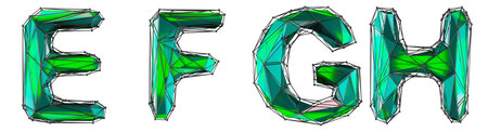 Realistic 3D set of letters E, F, G, H made of low poly style. Collection symbols of low poly style green color glass isolated on white background 3d renderingの写真素材