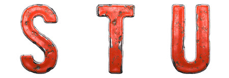 Set of letters S, T, U made of red painted metal isolated on white background. 3d renderingの写真素材