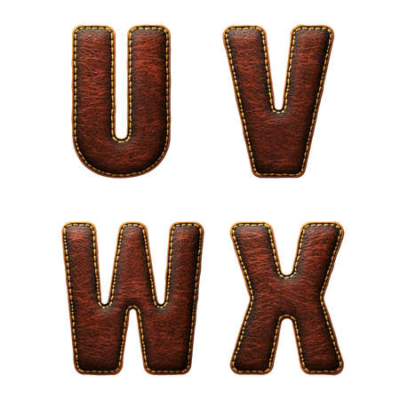 Set of leather letters U, V, W, X uppercase. 3D render font with skin texture isolated on white background. 3d renderingの写真素材