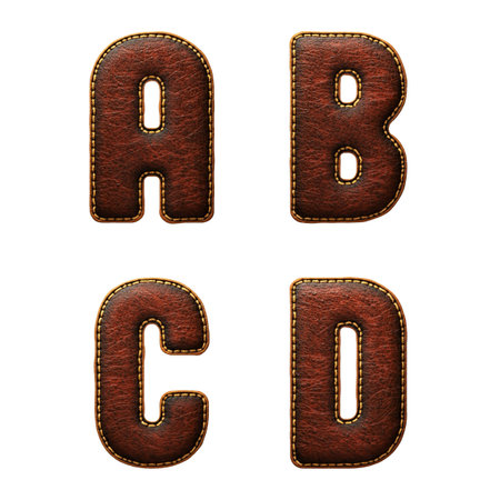 Set of leather letters A, B, C, D uppercase. 3D render font with skin texture isolated on white background. 3d renderingの写真素材