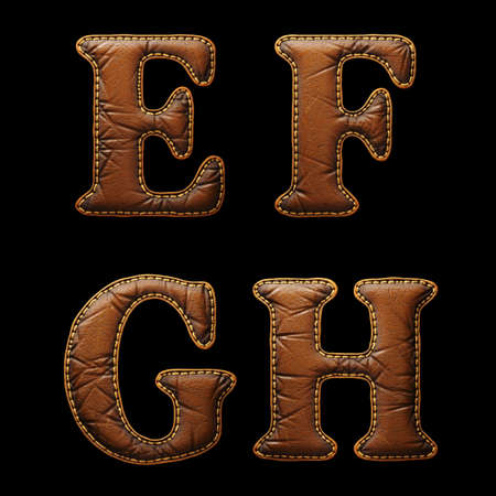 Set of leather letters E, F, G, H uppercase. 3D render font with skin texture isolated on black background. 3d renderingの写真素材