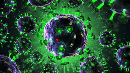 3d render of pathogenic virus organism or bacteria infecting and causing disease. Close up from microscope of coronavirus. 3d renderingの写真素材