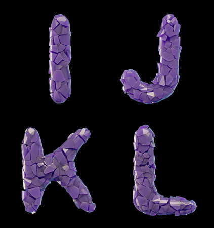 Plastic letters set I, J, K, L made of 3d render plastic shards purple color. Collection of plastic alphabet isolated on black.の写真素材