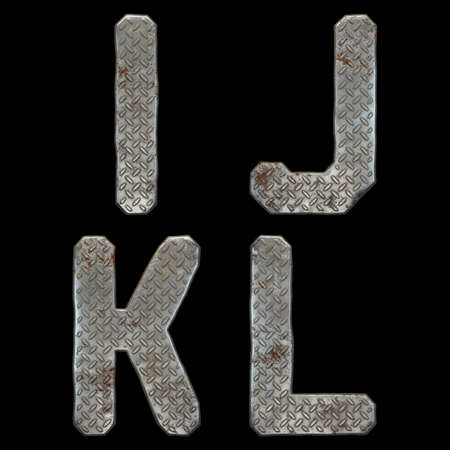 Set of capital letters I, J, K, L made of industrial metal isolated on black background. 3d renderingの写真素材