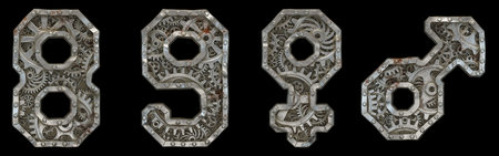 Mechanical alphabet made from rivet metal with gears on black background. Set of numbers 8, 9 and...