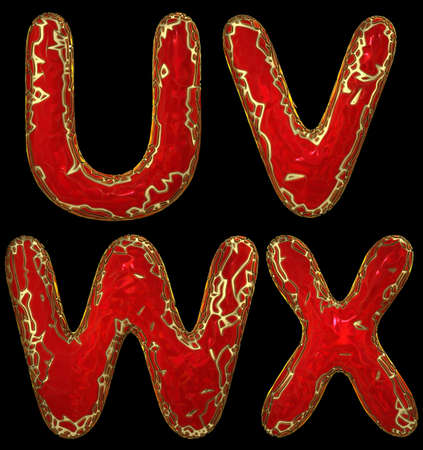 Realistic 3D letters set U, V, W, X made of gold shining metal letters. Collection of gold shining metallic with red paint symbol isolated on black backgroundの写真素材