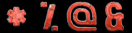 Set of symbols asterisk, percent, at, ampersand made of red painted metal isolated on black...