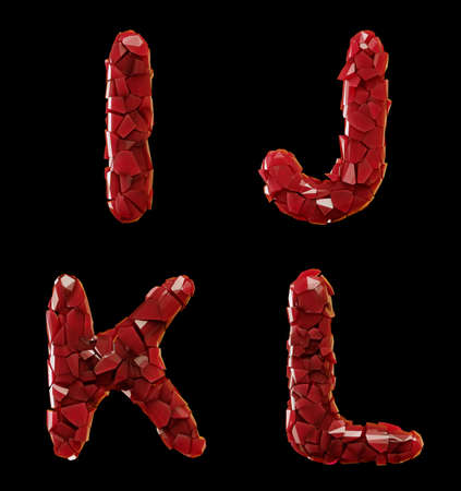 Plastic set I, J, K, L made of 3d render plastic shards red color. Collection of plastic alphabet isolated on black.の写真素材