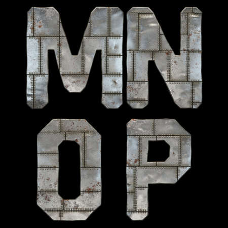 Set of capital letters M, N, O, P made of industrial metal isolated on black background. 3d renderingの写真素材