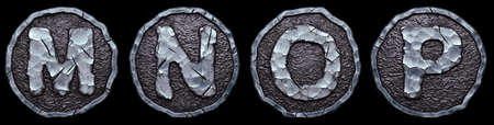 Set of capital letters M, N, O, P made of forged metal in the center of coin isolated on black background. 3d renderingの写真素材