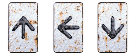 Set of symbols up arrow, left arrow and arrow to down made of forged metal on the background...