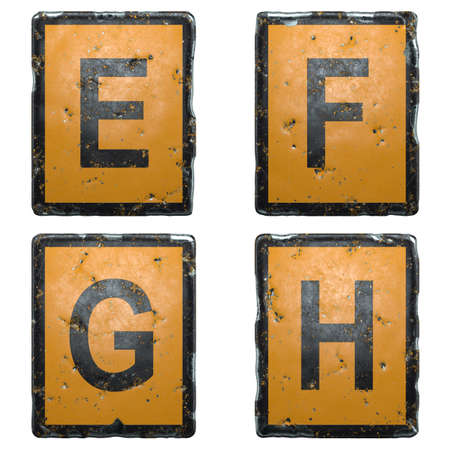 Set of capital letter E, F, G, H made of public road sign orange and black color on white background. 3d renderingの写真素材