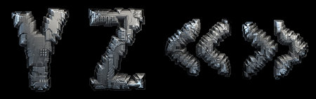 Set of capital letters Y, Z and symbol quotation mark made of metal isolated on black background. 3d...