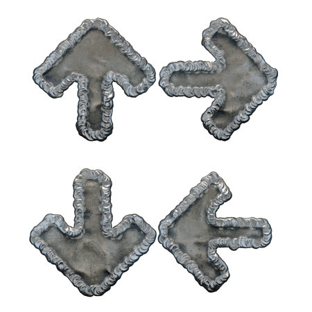 Set of symbols up arrow, left and right arrow, to down arrow made of industrial metal on white...