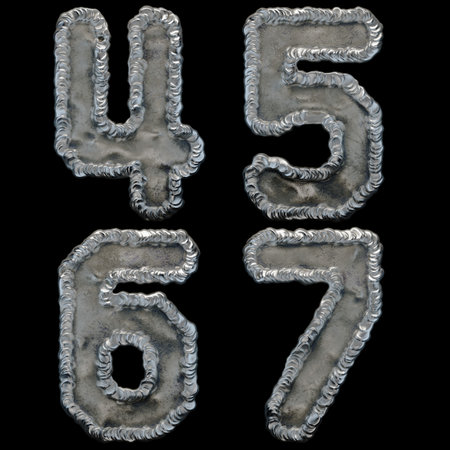 Set of numbers 4, 5, 6, 7 made of industrial metal on black background 3d renderingの写真素材