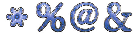 Set of symbols asterisk, percent, at, ampersand made of painted metal with blue rivets on white background. 3d renderingの写真素材