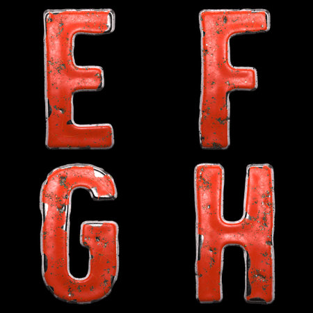 Set of letters E, F, G, H made of red painted metal isolated on black background. 3d renderingの写真素材
