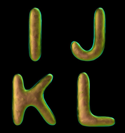 Set of letters I, J, K, L made of realistic 3d render natural gold snake skin texture. Collection of snake skin texture with gold color symbol isolated on black backgroundの写真素材
