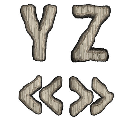 Set of letter Y and Z, symbol quotation marks made of industrial metal. Isolated on white background. 3d renderingの写真素材