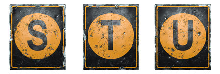 Set of public road sign orange and black color with a capital letters S, T, U in the center isolated...