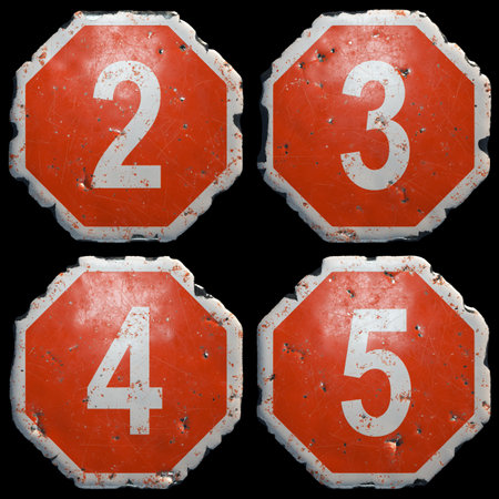 Set of numbers 2, 3, 4, 5 made of public road sign in red and white with a capital in the center isolated on black background. 3d renderingの写真素材