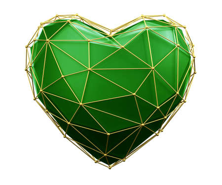 Symbol heart made in low poly style green color isolated on white background. 3d renderingの写真素材