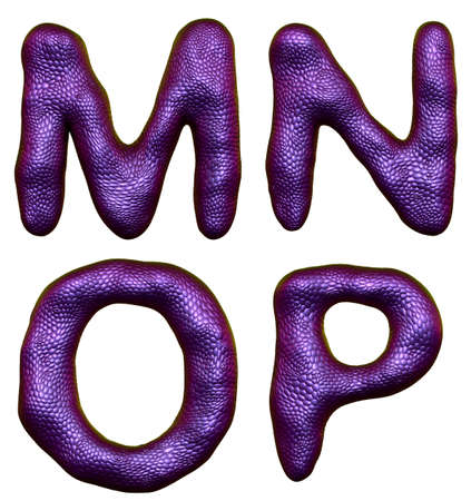 Set of letters M, N, O, P made of realistic 3d render natural purple snake skin texture. Collection of snake skin texture with purple color symbol isolated on white backgroundの写真素材