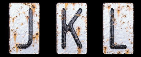 3D render set of capital letters J, K, L made of forged metal on the background fragment of a metal surface with cracked rust. 3d renderingの写真素材