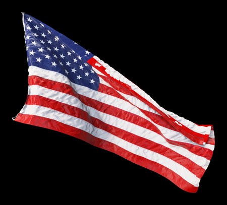 American flag waving in the wind isolated on black background. 3D