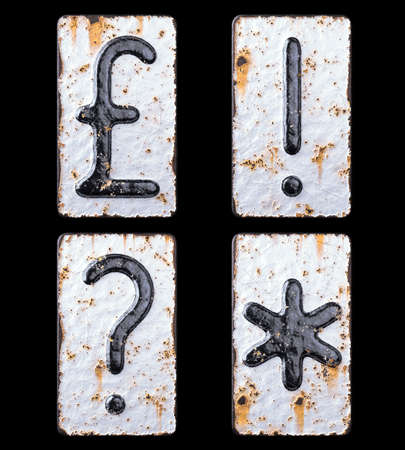 Set of symbols pound, exclamation point, question mark, asterisk made of forged metal on the background fragment of a metal surface with cracked rust.の写真素材