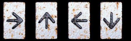 Set of symbols right arrow, up arrow, left arrow and arrow to down made of forged metal on the...