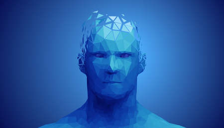 Human head, low poly style 3d vector wireframe object broken into different particles.のイラスト素材