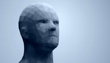 Human head, low poly style 3d vector wireframe object broken into different particles.のイラスト素材