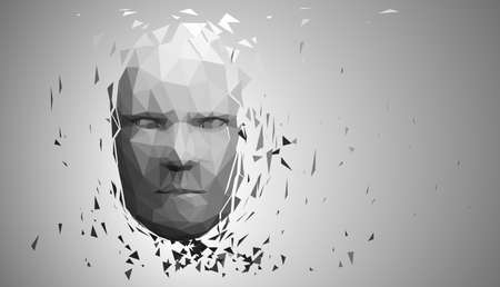 Human head, low poly style 3d vector wireframe object broken into different particles.のイラスト素材