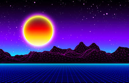 Retro futuristic background 1980s style. Digital landscape in a cyber world.のイラスト素材