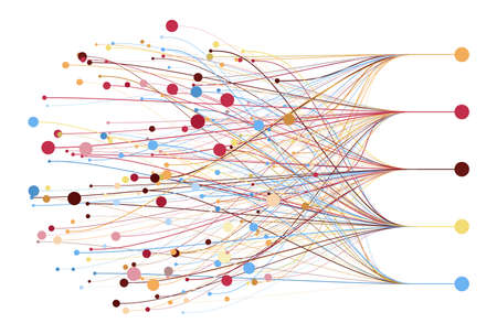 Abstractly arranged colored dots are connected by lines with sorted dots. Data concept.のイラスト素材