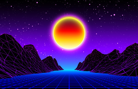 Retro futuristic background 1980s style. Digital landscape in a cyber world.